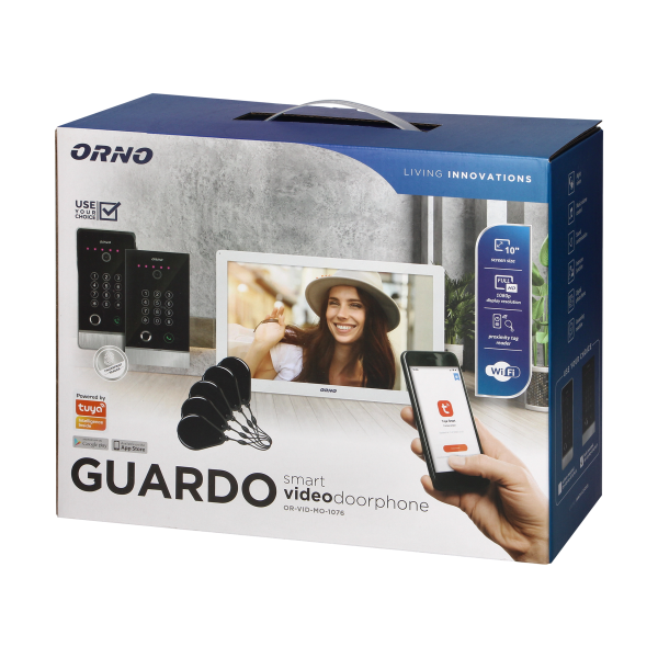 GUARDO single family video doorphone set, 4-wires, touchscreen LCD 10" monitor, fingerprint reader, proximity reader and code lock, App-controlled, flush mounted, white